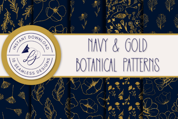 Navy and Gold Seamless Floral Patterns